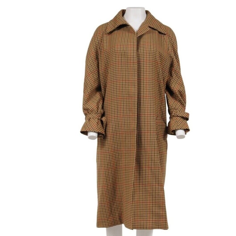 Bill Blass Womens Vintage Over Coat 14 Brown Gingham Wool Checkered Long Jacket